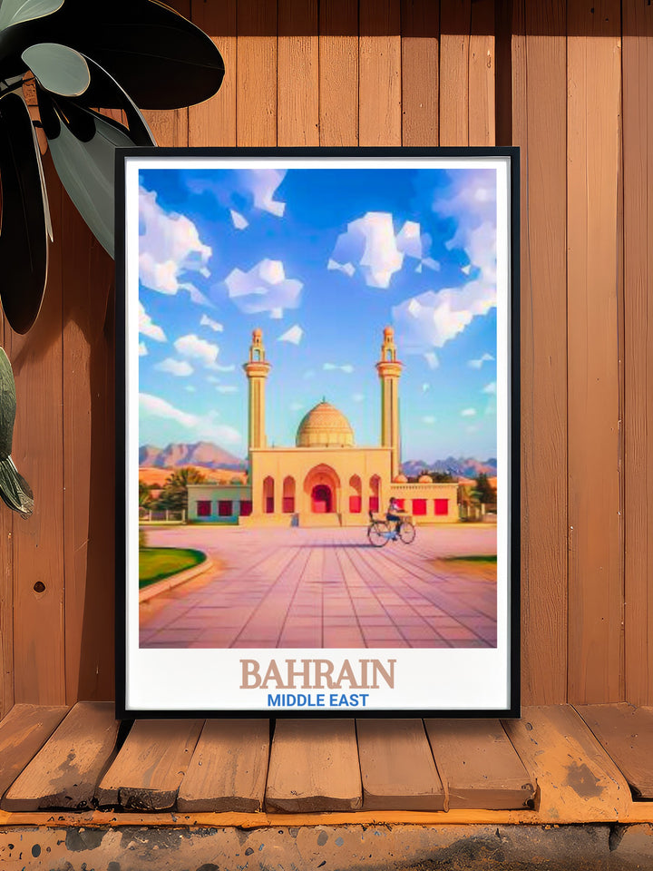 Captivating Bahrain Souvenir print of Al Fateh Grand Mosque bringing the charm and allure of Bahrain into your living space with a beautifully designed piece of art.