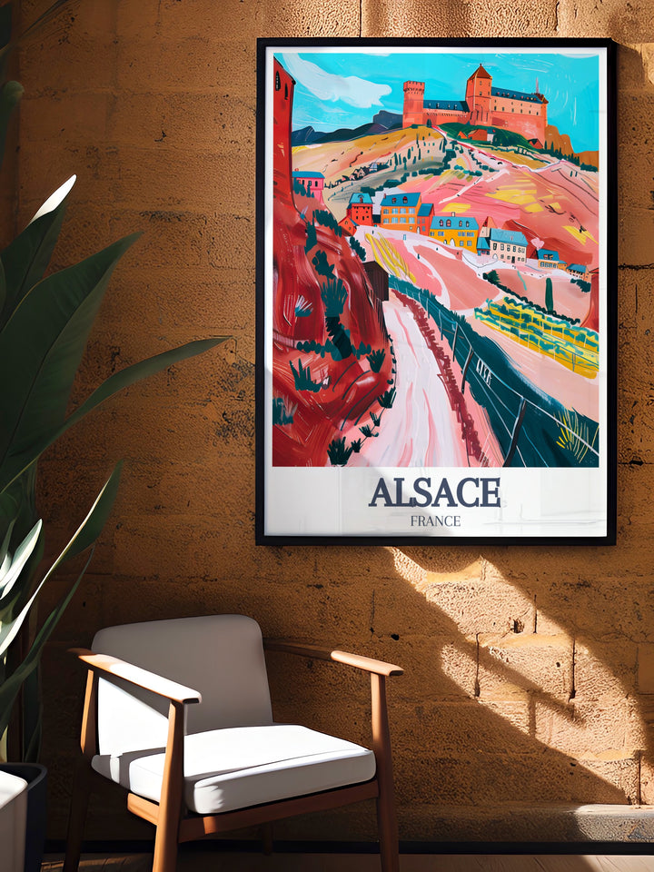 Chateau du Haut Koenigsbourg and Alsace Wine Route in a stunning Alsace Travel Art print. Perfect for enhancing your living space with the picturesque beauty of France. A wonderful addition to any room, blending culture with artistic design.