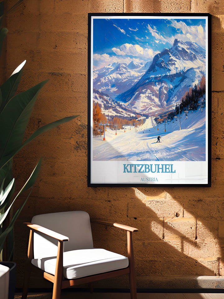 Kitzbuhel Austria Skiing Print capturing the thrill of the Hahnenkamn Ski Race and the picturesque scenery of Tirol Austria an ideal piece for personal enjoyment or as a thoughtful gift for skiing enthusiasts and art collectors