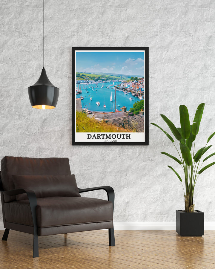 This travel poster beautifully captures Dartmouths charm, highlighting its historic town and the peaceful flow of the River Dart. Perfect for enhancing any living space, this detailed artwork brings a touch of Englands coastal beauty into your home.