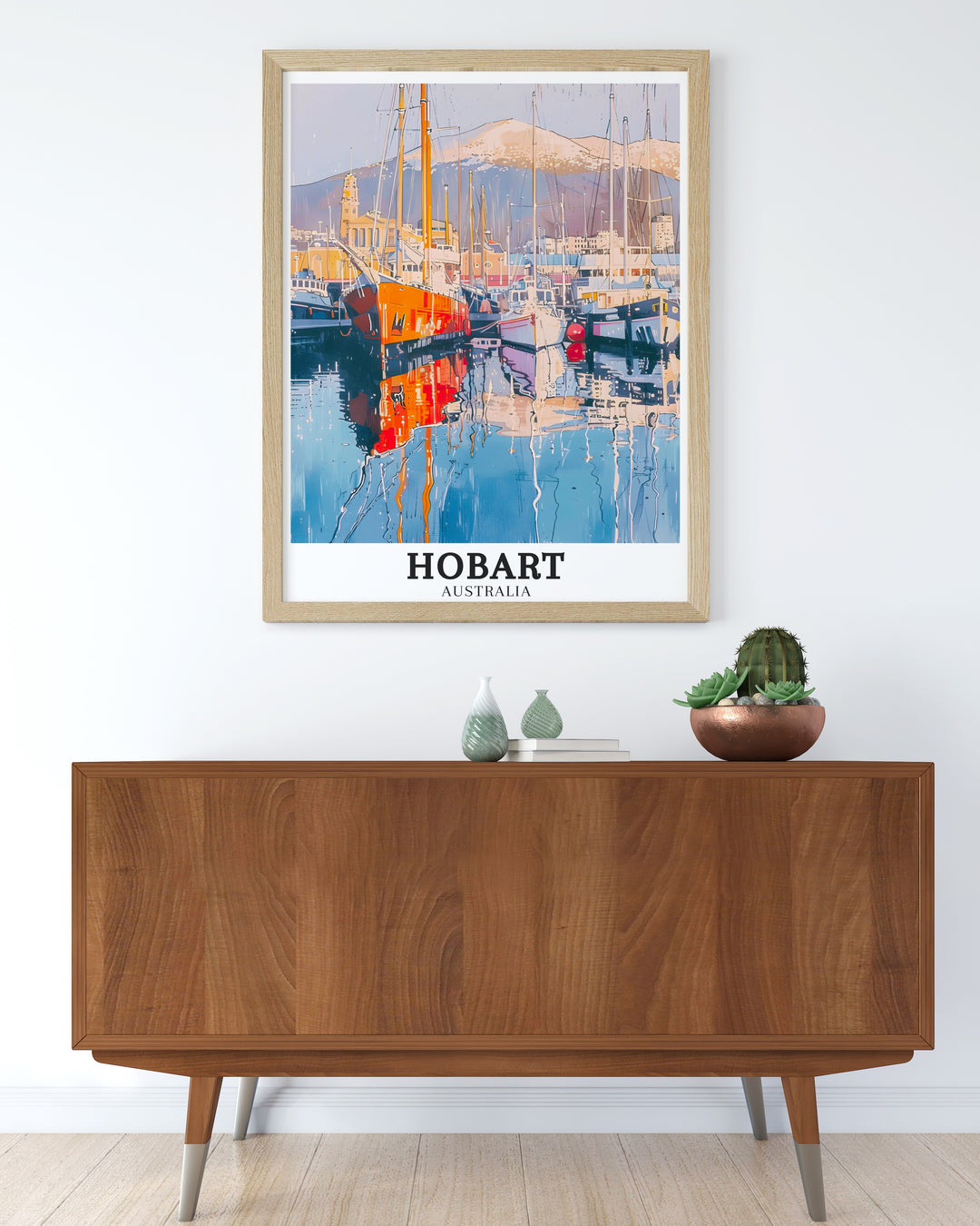 Detailed Australia print featuring the sweeping views from Mount Wellington and the bustling Hobart Port. This artwork reflects the spirit of Tasmania, where natural beauty meets vibrant urban life, ideal for Australia wall decor