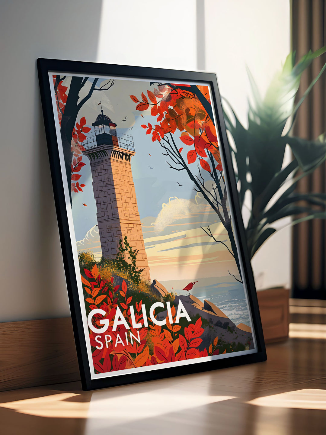 The rocky peninsula and breathtaking Atlantic Ocean views surrounding the Tower of Hercules are vividly illustrated in this artwork.