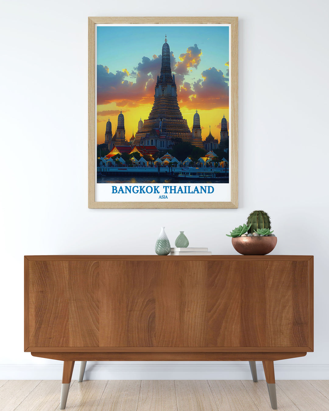 Vintage Bangkok poster illustrating the historic charm and vibrant street life of Thailands capital, blending nostalgic art with contemporary style for any room.