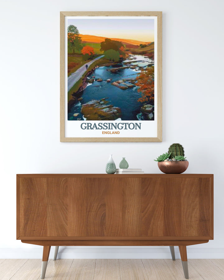 Our Grassington travel print highlights the quaint beauty of this Yorkshire village, offering a glimpse into the serene life of rural England. The detailed artwork is perfect for those who love the Yorkshire Dales and the peaceful atmosphere it provides. This print makes a wonderful gift for anyone who has a connection to Yorkshire or a fondness for the English countryside.