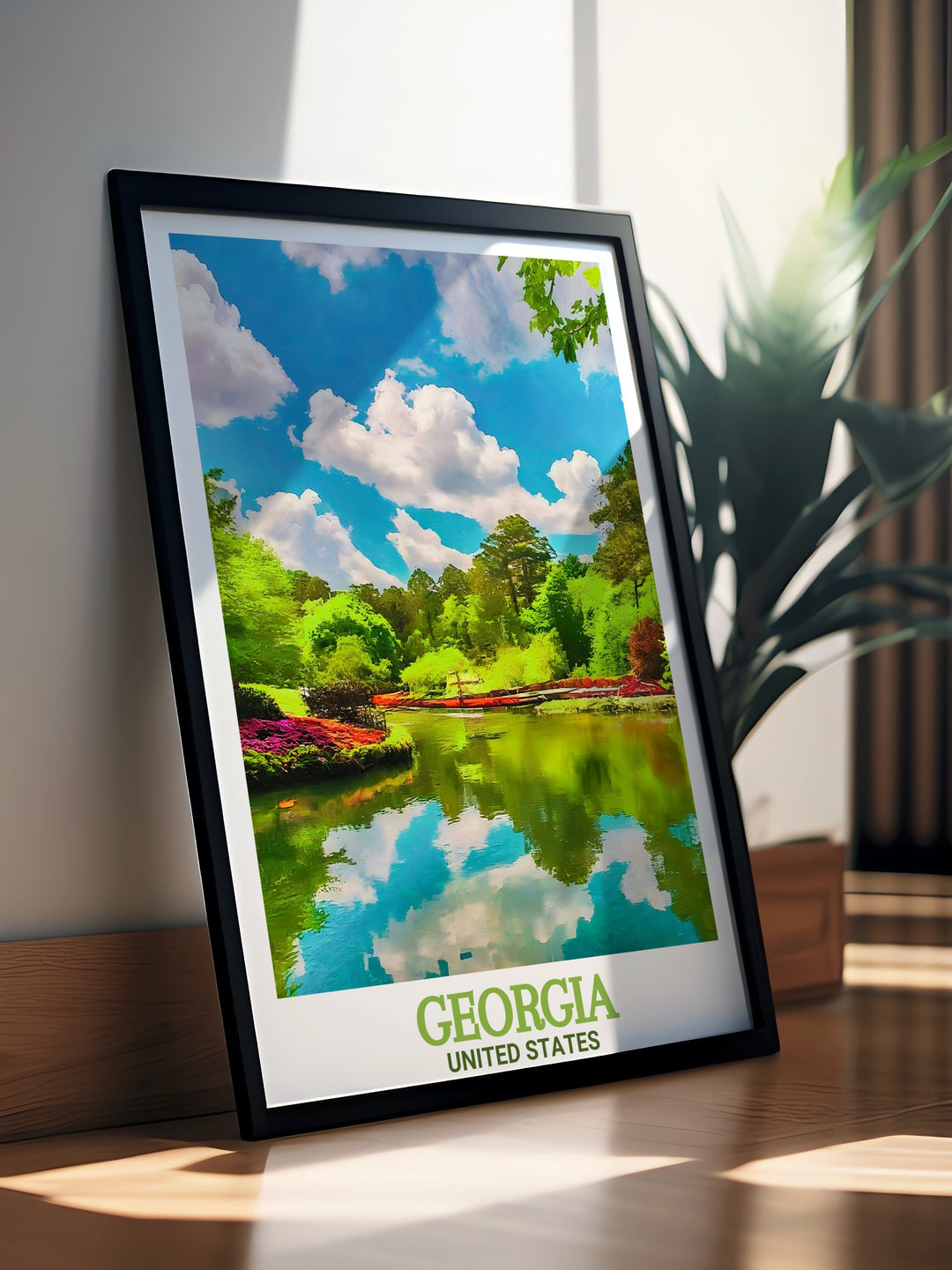 Georgia travel poster featuring the vibrant Atlanta skyline and the tranquil beauty of Callaway Gardens. This art print captures the dynamic blend of city and nature, making it a perfect piece for any wall decor. Ideal for fans of Georgia and travel enthusiasts alike.