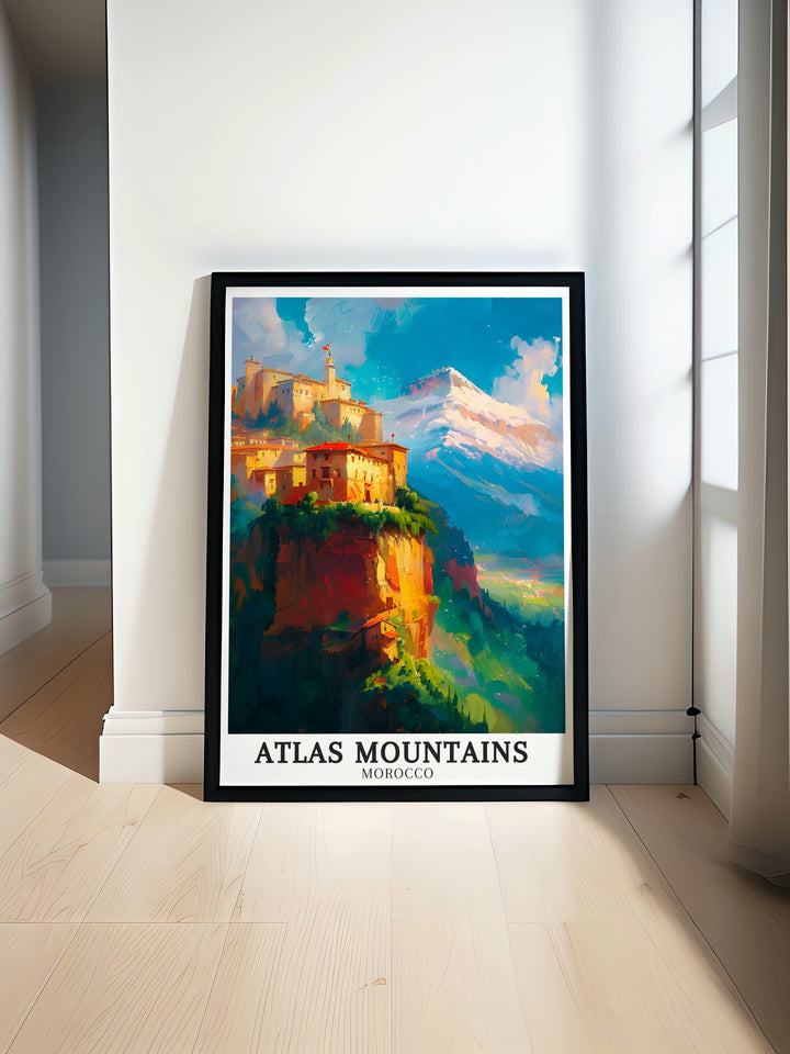 Chefchaouen Morocco art print showcasing the vibrant blue streets of the Blue Pearl with stunning views of the Rif Mountains and Mount Toubkal Imlil Valley modern prints are perfect for anyone looking to add a touch of Moroccan charm to their home decor