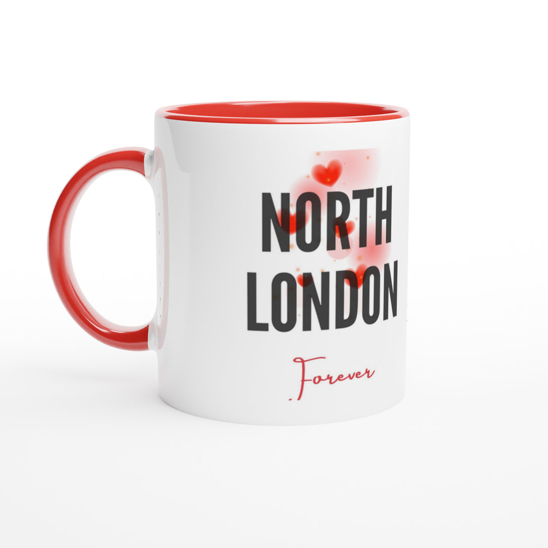 Two-tone red and white Arsenal FC mug displaying the classic red, blue, and gold club crest shield, perfectly centered with clean spacing on a glossy surface.