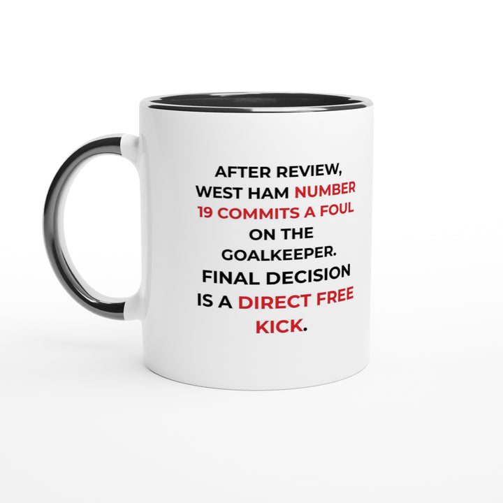 A glossy ceramic Arsenal football mug with a rich red rim sitting on a modern office desk, highlighting the crisp black and red text of a funny inside joke.