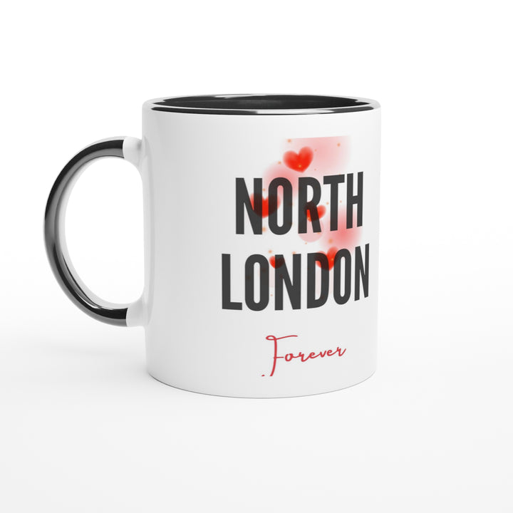 Sleek solid black Arsenal mug from MapYourDreams displaying the stylized North London Forever club anthem text in a crisp white and red graphic contrast.