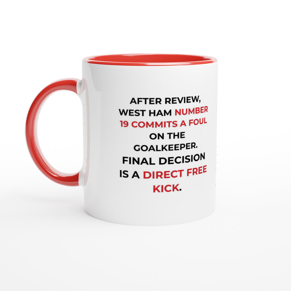 Premium white ceramic Arsenal FC mug with a vibrant red handle and interior showing the official club crest above Emirates Stadium North London Forever text.