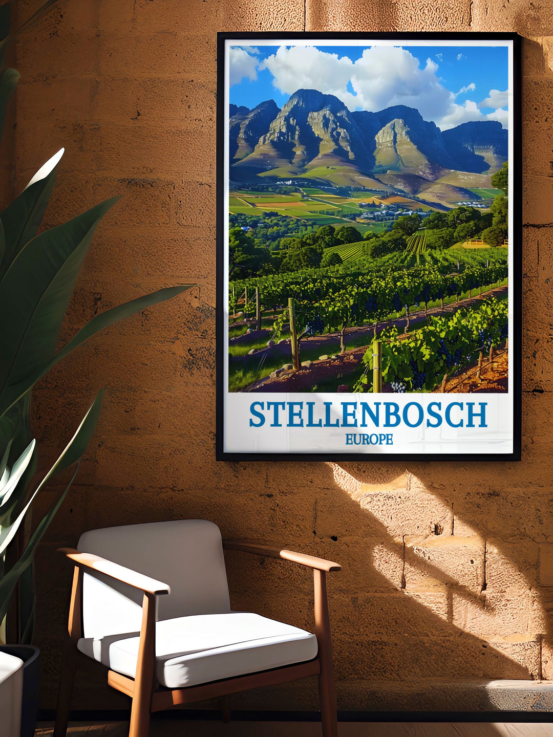 Delight in the timeless charm of the Stellenbosch Wine Route with this art print, capturing the beauty of the vineyards and the regions historical significance.