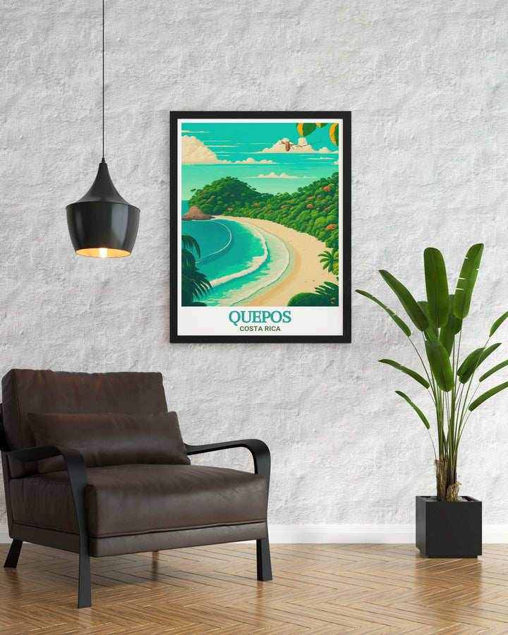 The serene landscapes of Manuel Antonio National Park are beautifully captured in this print, featuring its lush forests and tranquil beaches. The artwork reflects the natural beauty of Costa Rica, making it a perfect addition to any home decor. Whether youre a nature lover or a fan of tropical destinations, this piece brings a slice of paradise into your home.