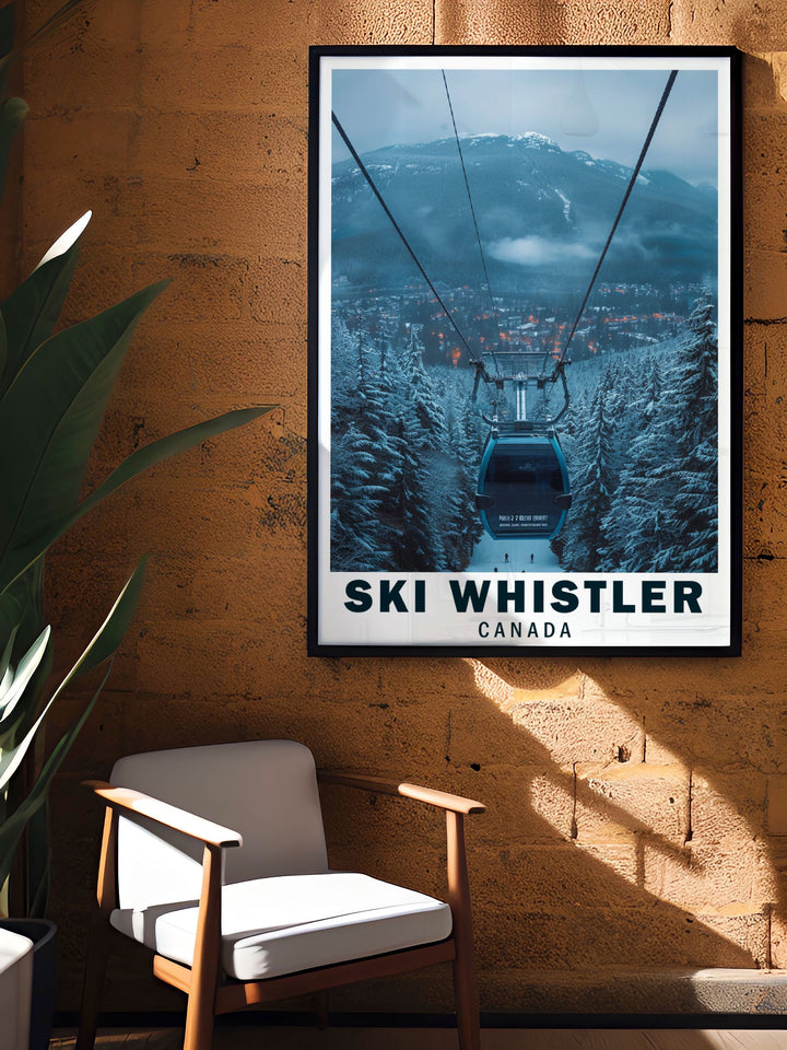 Celebrate the magic of Whistler Ski Resort with this unique vintage inspired ski poster. Featuring the iconic Peak 2 Peak Gondola, its the perfect art print for any winter sports lover or traveler looking to bring a piece of Canadas stunning landscape into their home.