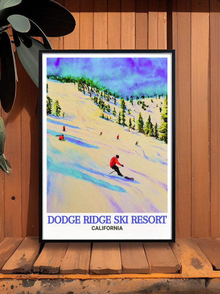 Framed print of Dodge Ridge Ski Resort capturing the serene beauty of the Sierra Nevada and the exhilarating slopes of this popular ski destination. Perfect for winter sports lovers and those who appreciate high quality art prints.