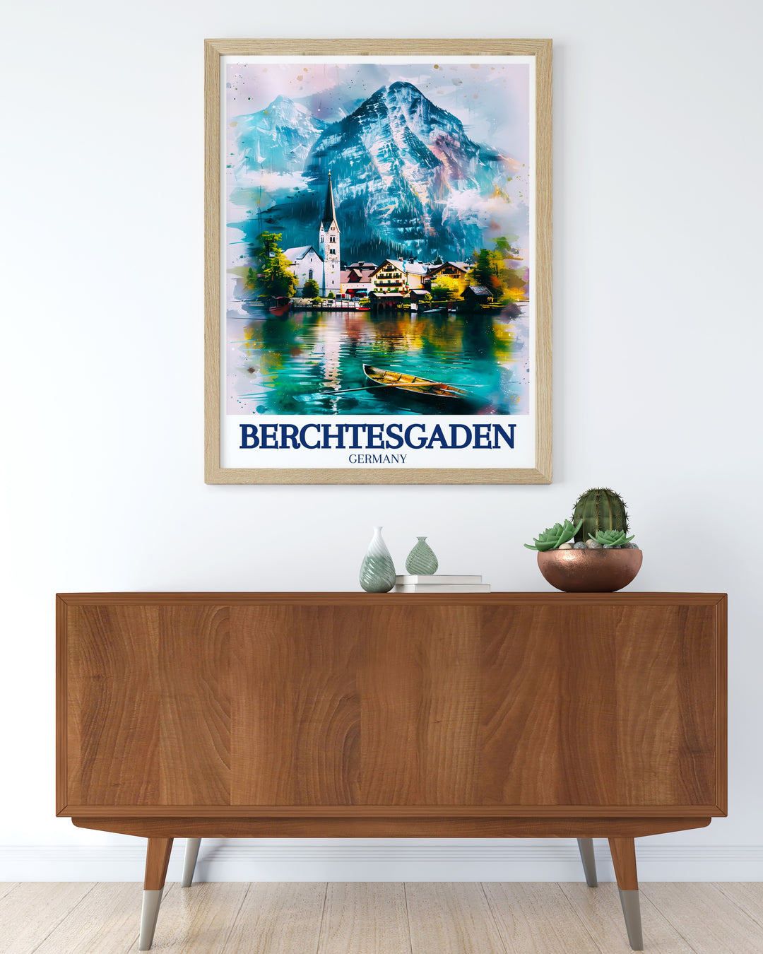 Our Kings Lake travel print showcases the emerald green waters and majestic peaks of one of Germanys most famous lakes. This artwork highlights the natural beauty of Berchtesgaden and includes stunning views of Ramsau Village, making it the perfect gift for lovers of alpine scenery.