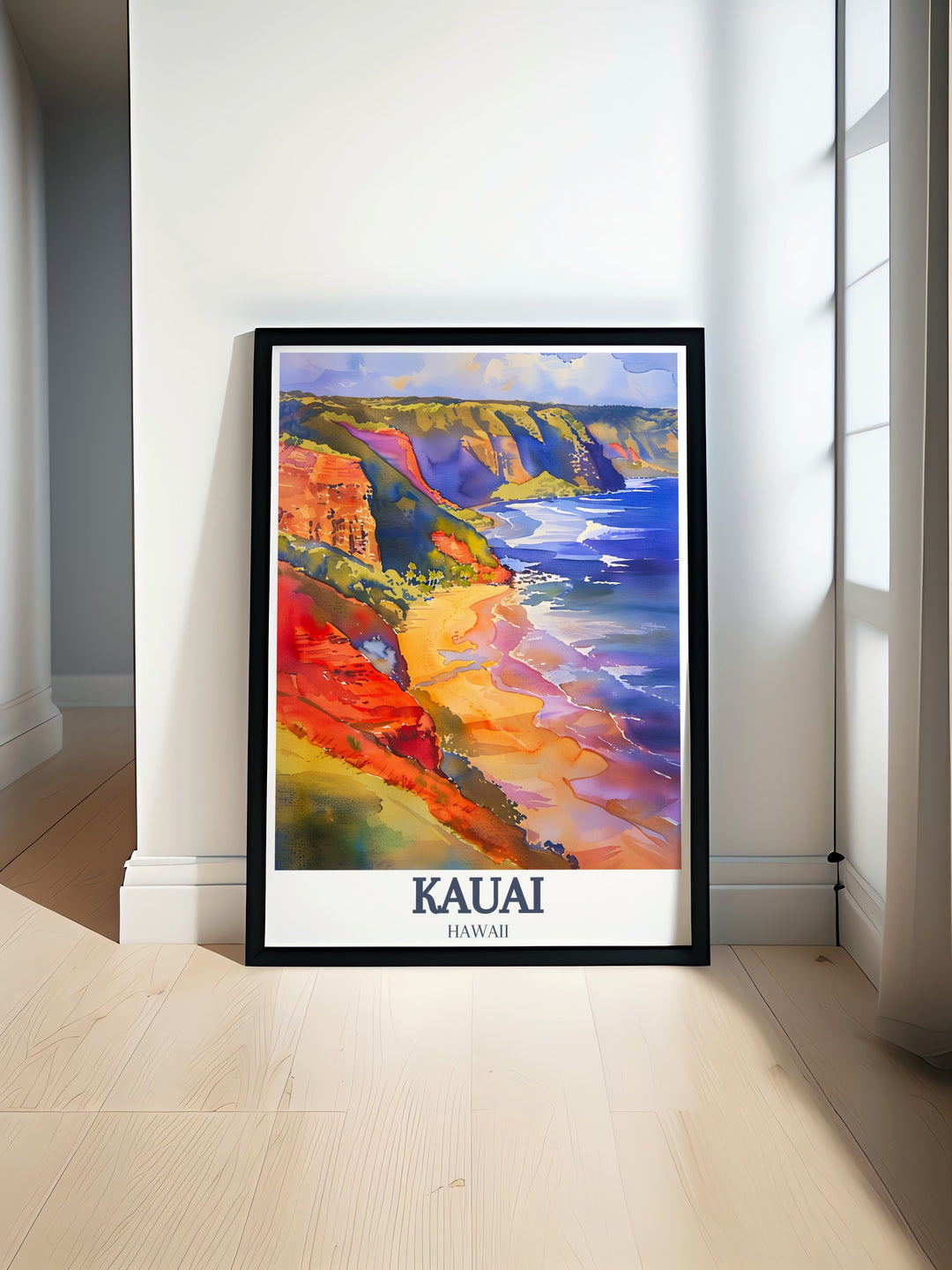 Kauai travel poster featuring Waimea Canyon and Poipu Beach. This stunning Hawaii wall art brings vibrant colors and a sense of paradise to any home. Perfect for gifts for travelers and nature lovers, adding beauty and calm to your living space.