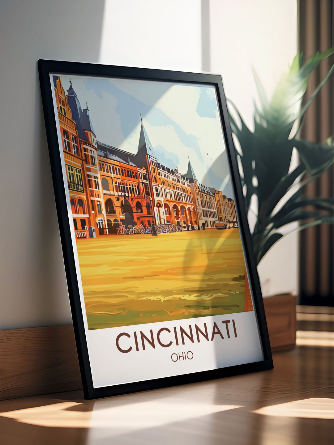 A stunning Cincinnati skyline travel print, featuring the citys iconic buildings like the Great American Tower and Carew Tower. This vibrant skyline artwork is a perfect gift for any Ohio native or Cincinnati enthusiast, adding color and personality to any space.