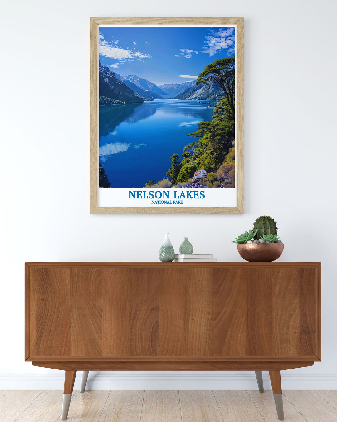 Beautiful framed print of Nelson Lakes National Park, highlighting the majestic mountains and tranquil lakes of New Zealand, ideal for nature enthusiasts and those looking to enhance their home decor with stunning visual art.