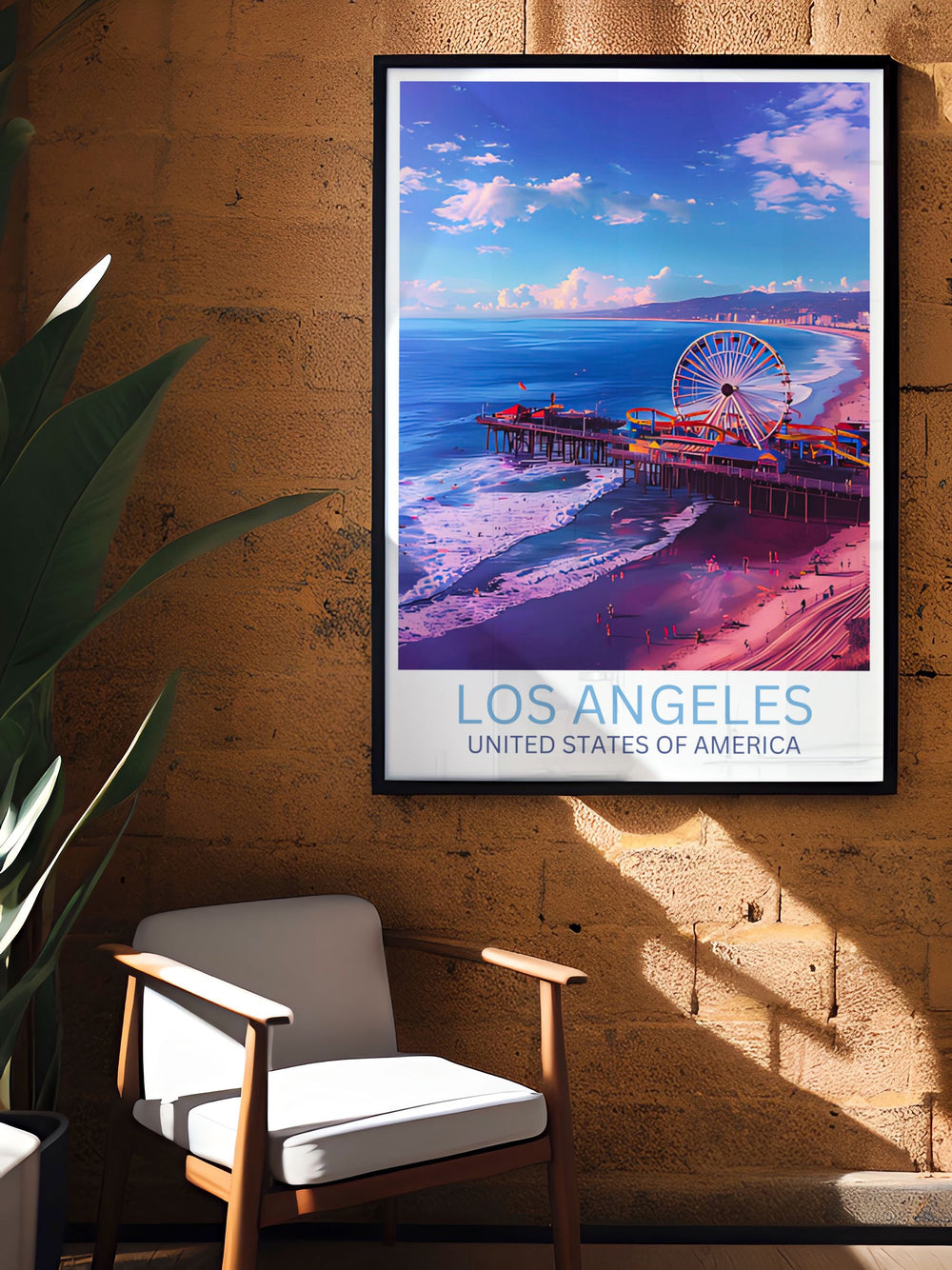 Los Angeles Poster featuring the vibrant Santa Monica Pier with its famous Ferris wheel. Ideal for enhancing home decor or as a thoughtful gift for fans of coastal California and its landmarks.