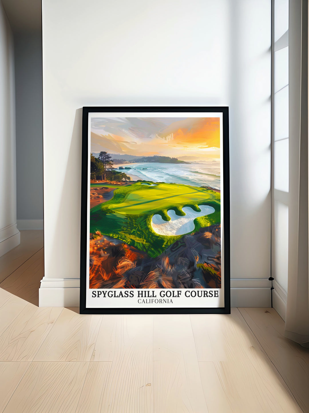 Spyglass Hill Golf Course and Bird Rock art deco travel posters showcasing vibrant landscapes and challenging holes within Monterey Bay, California. These framed travel posters are ideal for adding a touch of elegance to your wall decor. Experience the charm of Spyglass Hill through our beautifully crafted art deco travel posters.