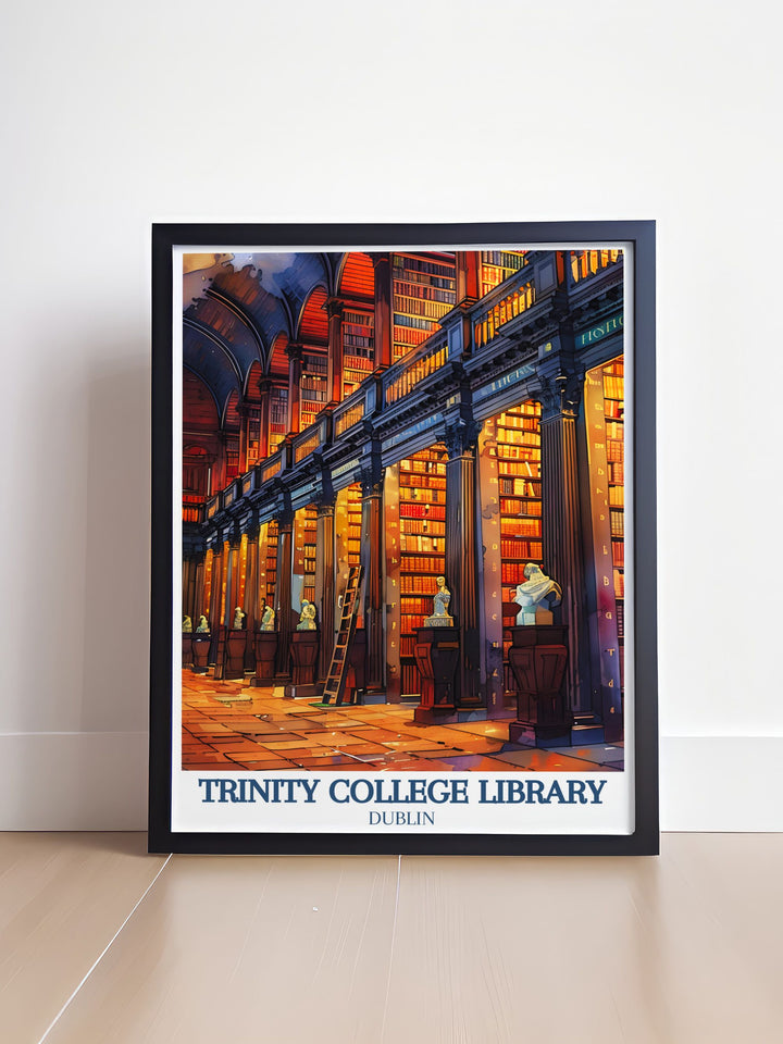 Elegant framed print of Trinity College Long Room and Book of Kells perfect for adding a touch of sophistication to your living room or study with Irish wall art