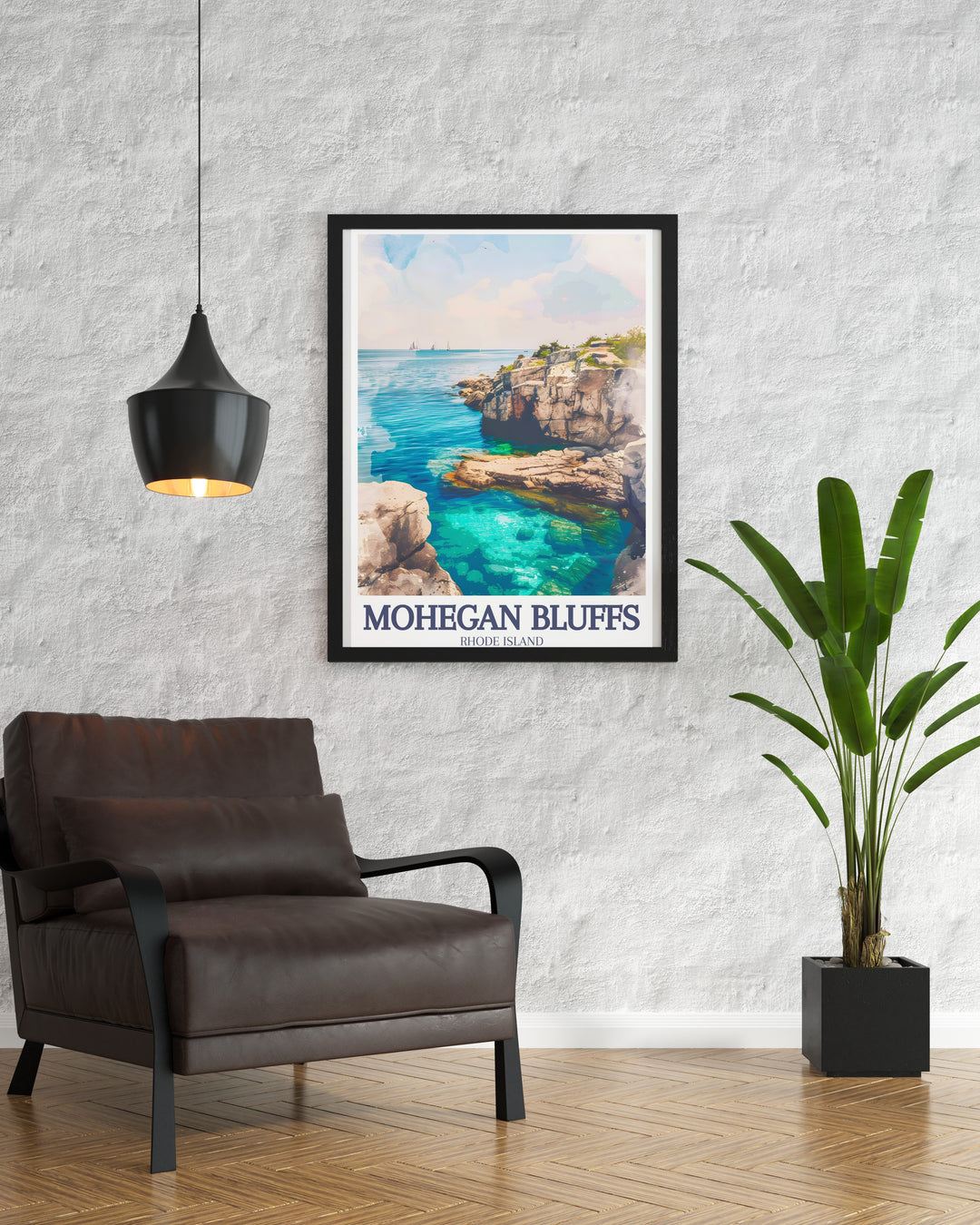 This Block Island art print captures the natural beauty of Mohegan Bluffs in a vintage watercolor design. Perfect for anyone who loves Rhode Islands beaches, this travel poster is a great addition to any room, offering a peaceful and elegant depiction of the Bluffs and nearby beach.