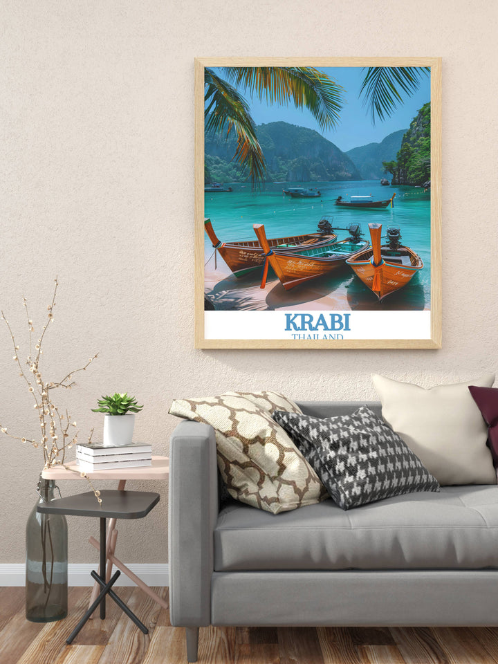 Enjoy the tropical allure of Krabi Island and the Phi Phi Islands with this stunning wall art print capturing the vibrant colors and natural beauty of these destinations an excellent choice for home decor and travel gifts.