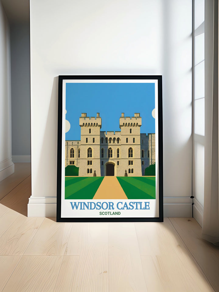 This Windsor Castle travel print offers a detailed view of Englands historic royal residence. Ideal for lovers of architecture and history, this UK wall art adds sophistication and elegance to any room, making it the perfect addition to your home or office.