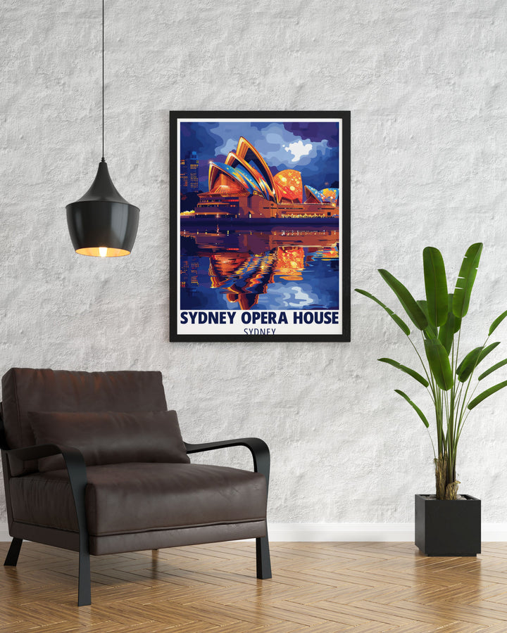 Retro travel poster of Sydney Opera House and Harbour Bridge highlighting Sydney Harbours dynamic energy and picturesque views ideal for adding elegance to your home