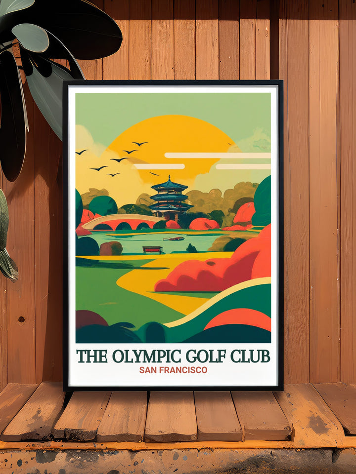 Discover the scenic beauty of San Franciscos Olympic Golf Club with this vintage style poster. The artwork reflects the timeless charm of the course, set within the lush greenery of Golden Gate Park, offering a perfect blend of sport and art for your home or office