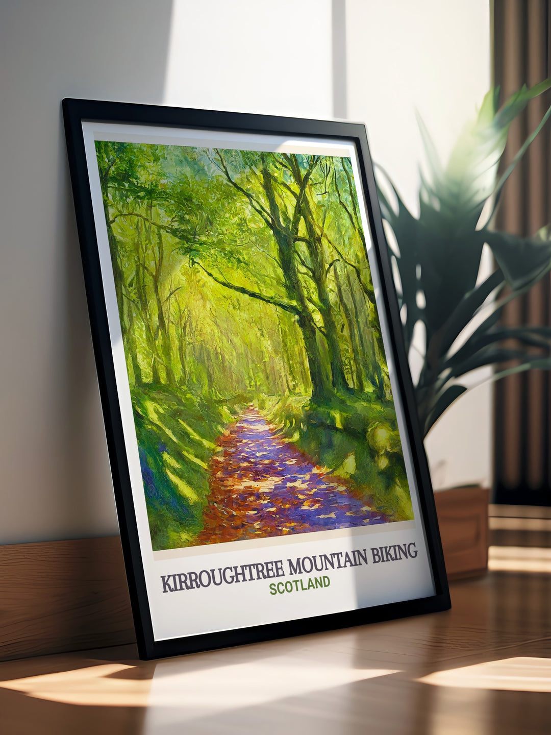 Mountain biking wall art depicting the 7stanes Trails at Kirroughtree in Galloway Forest Park. This framed art blends adventure and nature, perfect for outdoor lovers who want to celebrate their passion for cycling while showcasing the scenic beauty of Scotland.