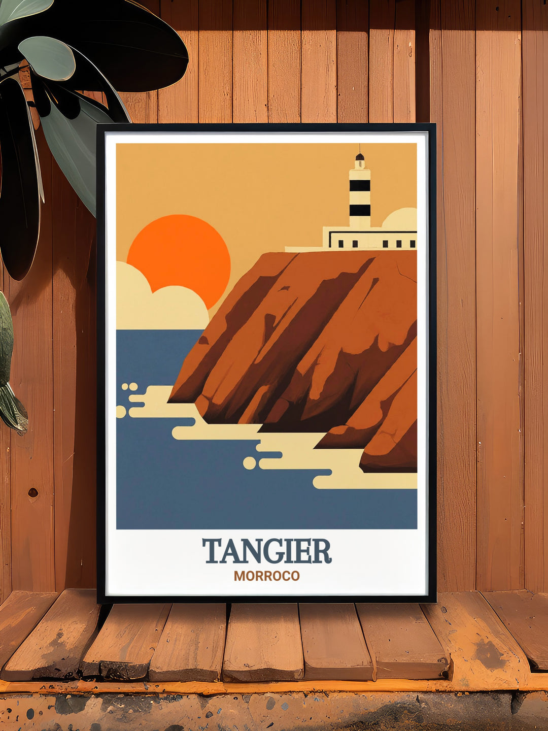 This vibrant Tangier travel poster features Cap Spartels dramatic coastal landscape in Morocco. The artwork is ideal for anyone who appreciates the intersection of culture and natural beauty, making it a standout piece for any room.