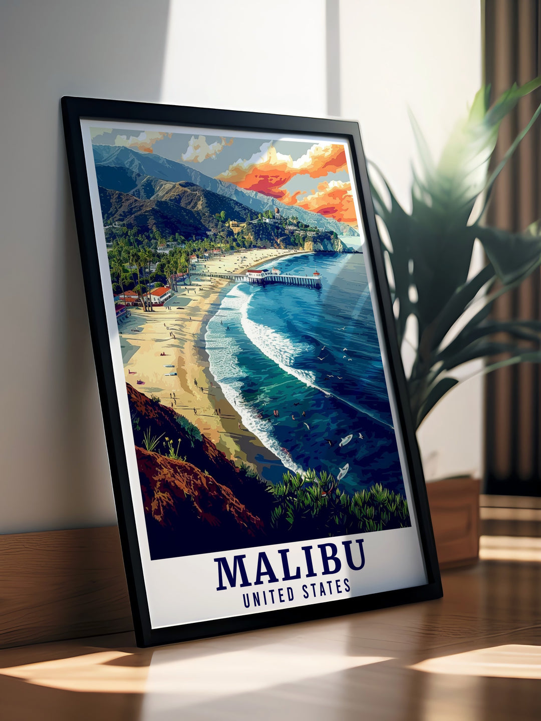 Explore the breathtaking scenery of Malibu Lagoon State Beach with this travel print. Featuring detailed artwork of one of Californias most iconic destinations, this poster brings the elegance of Malibus coastline into your living room or office space.