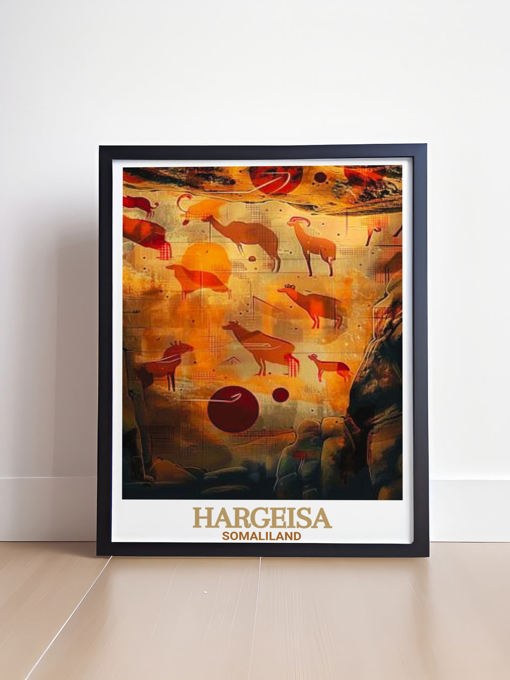 This Hargeisa wall print showcases the beauty of Somaliland, with the iconic Laas Geel Rock Art as a focal point. Perfect for lovers of history, art, and African culture, this travel art brings a timeless piece of history into your home.