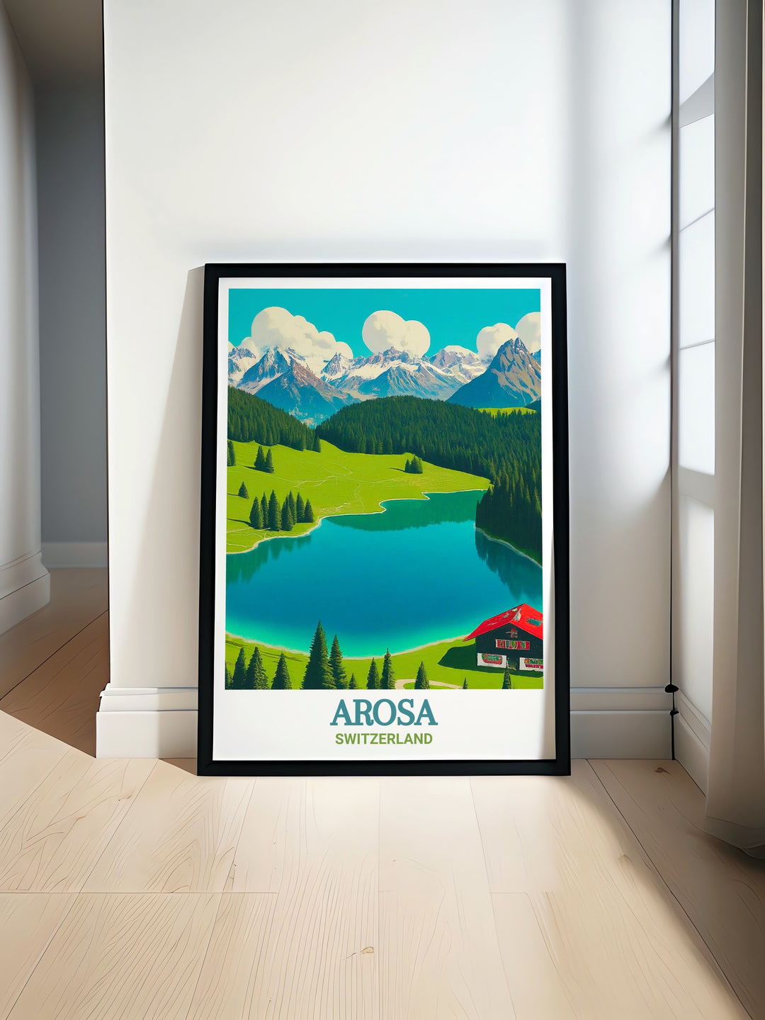 Switzerland Canvas Art highlighting the breathtaking views of the Swiss Alps, including the picturesque town of Arosa and the serene Obersee Lake. The artwork captures the essence of Alpine beauty, ideal for enhancing your living space with a touch of Switzerlands charm