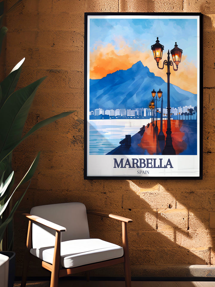 Beautiful Marbella picture capturing the dynamic energy of Paseo Marítimo and the tranquil presence of La Concha mountain ideal for enhancing your home decor