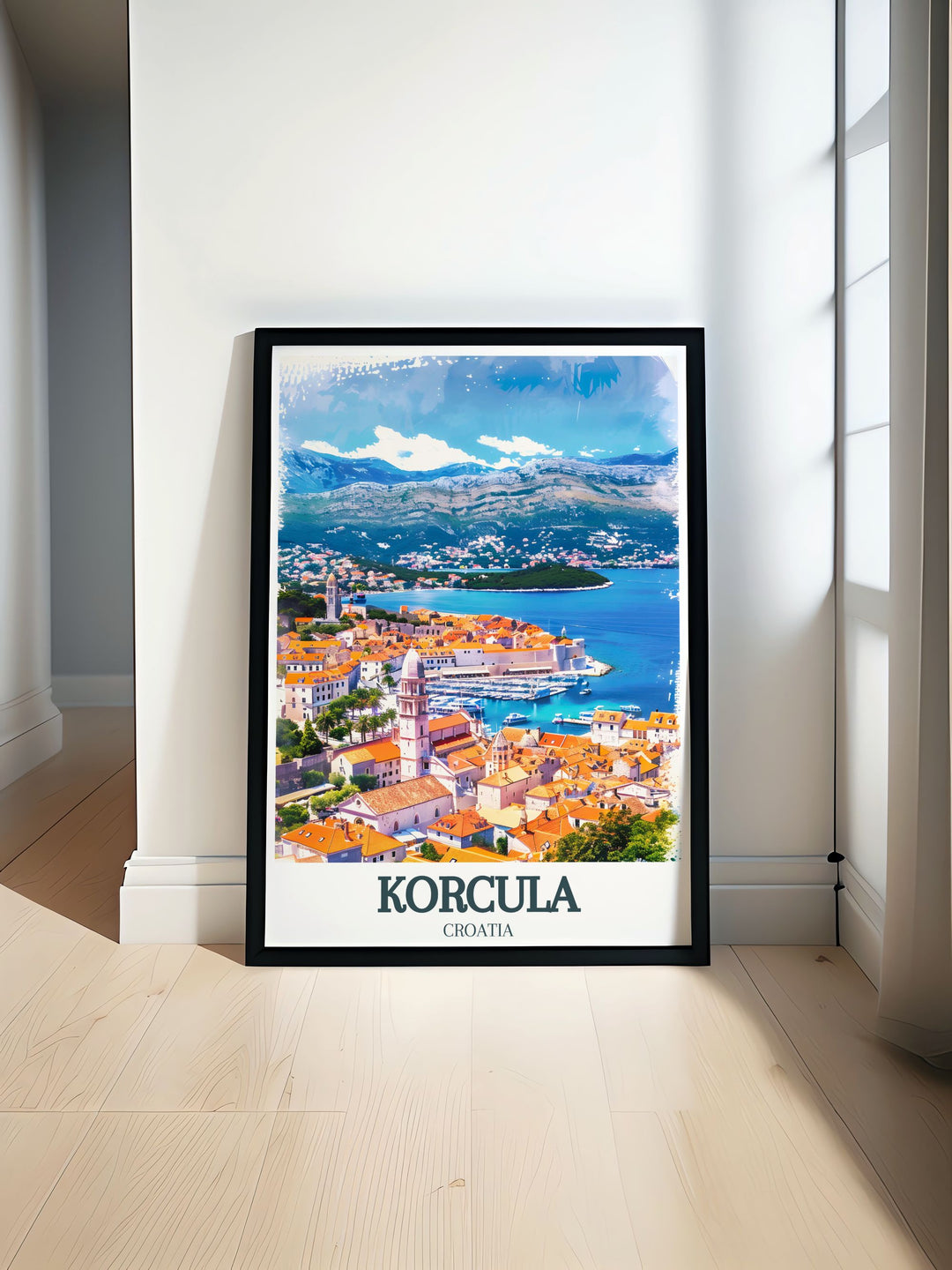 Korcula wall art featuring St. Marks Cathedral and Adriatic Sea offers a stunning view of Croatian architecture and coastal beauty. This elegant wall poster is perfect for any home or office and makes a great travel gift for art and history lovers.