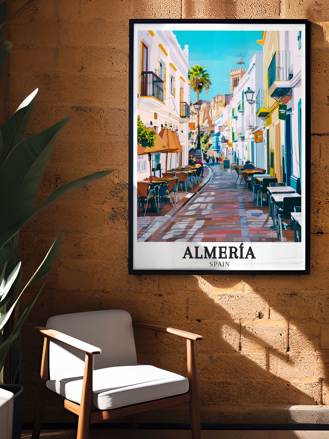 Almería travel poster featuring the iconic Barrio de la Chanca and its unique cave dwellings in Andalusia. Perfect for those who appreciate Spanish culture and want to bring a touch of Spain into their home decor.