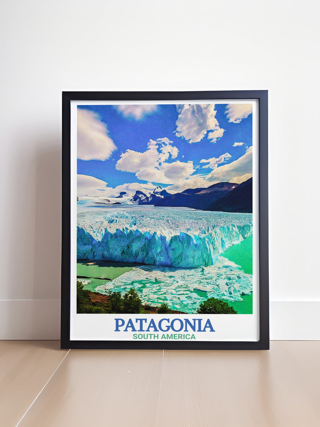 Framed print of Torres Del Paine National Park with views of the Cuernos Del Paine and guanacos. Complemented by Perito Moreno Glacier artwork perfect for home decor. A must have for those who love South American landscapes.