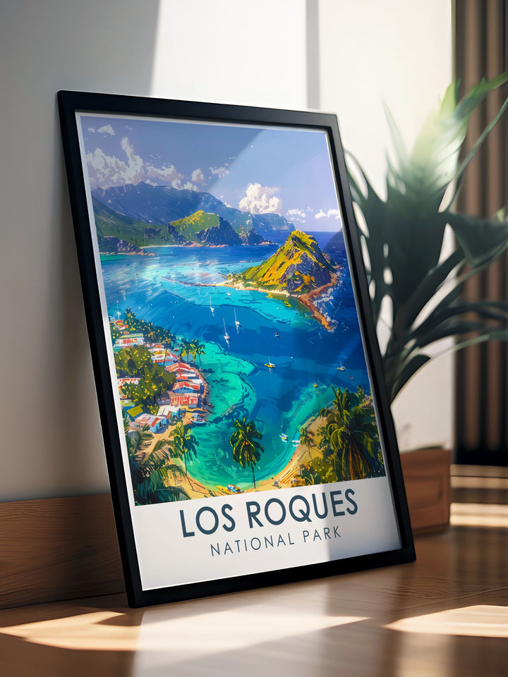 Celebrate Venezuelas natural beauty with this framed art, showcasing the cascading waters of Angel Falls and the crystal clear reefs of Los Roques. Perfect for any adventurer, this print makes an excellent addition to any wall.