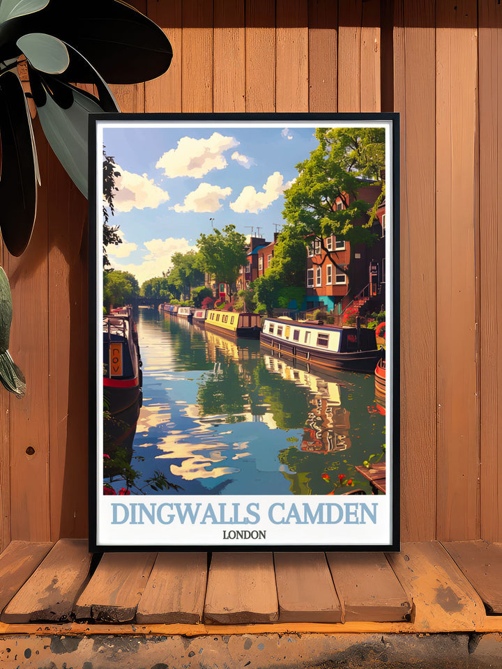 Regents Canal comes to life in this travel poster, featuring its serene landscapes and peaceful waters, perfect for adding a touch of tranquility to your home.