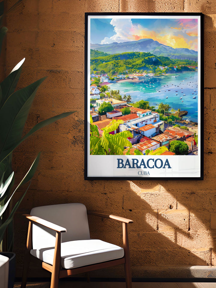 Detailed Cuba painting of Baracoas El Yunque Mountain and bay, perfect for city art lovers. This print showcases the natural beauty and vibrant energy of Baracoa, making it an ideal piece for those who appreciate both nature and culture.