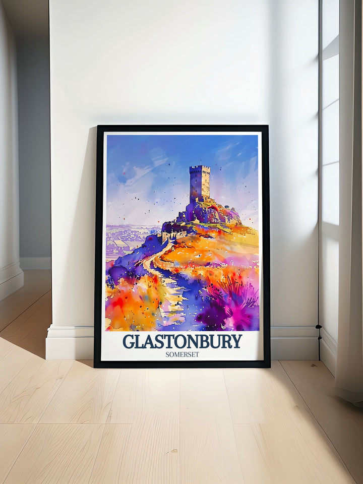 Stunning Glastonbury Tor art featuring St. Michaels tower and Somerset levels perfect for England wall art enthusiasts and those seeking unique UK wall prints ideal for enhancing home decor or giving as thoughtful Glastonbury gifts to art lovers and travelers.