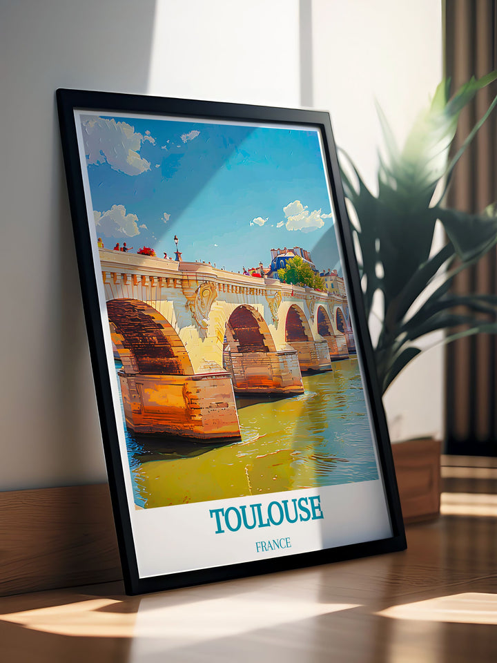 Capture the cultural heritage of Toulouse with this exquisite travel poster, highlighting the majestic Pont Neuf and its historical importance.