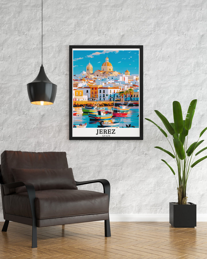 Andalusia wall print featuring the Jerez Cathedral in all its Gothic and Baroque glory. This travel art piece celebrates the architectural marvels of Spains southern region, making it an ideal choice for those who love Spanish history and design.