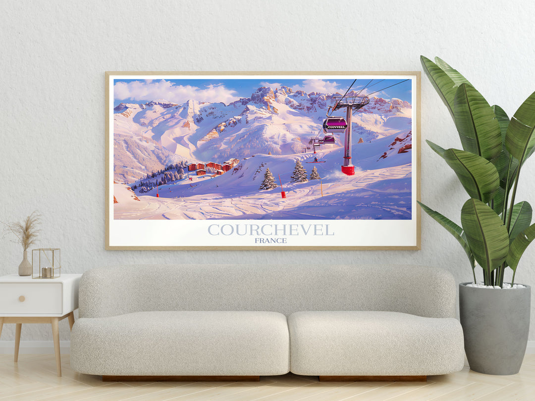 Ski resort artwork featuring ski slopes and Courchevel offers a stunning addition to any room perfect for those who love winter sports and scenic views