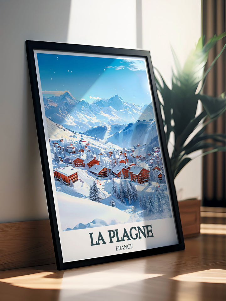 La Plagne France Art Print featuring Aime La Plagne Paradiski Ski Area is ideal for ski enthusiasts and art collectors alike. This travel poster brings the charm of the French Alps to your space combining the love of skiing with modern home decor.