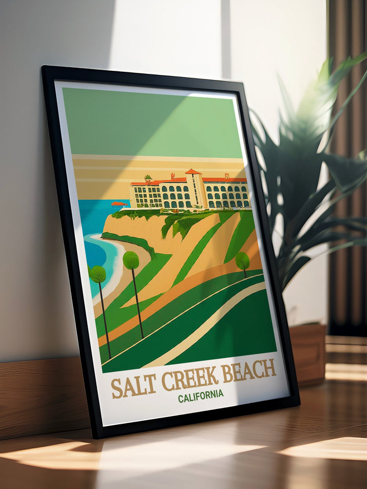 This California Print captures the peacefulness of Salt Creek Beach with the Ritz Carlton Laguna Niguel in the background. The artworks serene composition and warm tones are perfect for creating a calming atmosphere in any space.