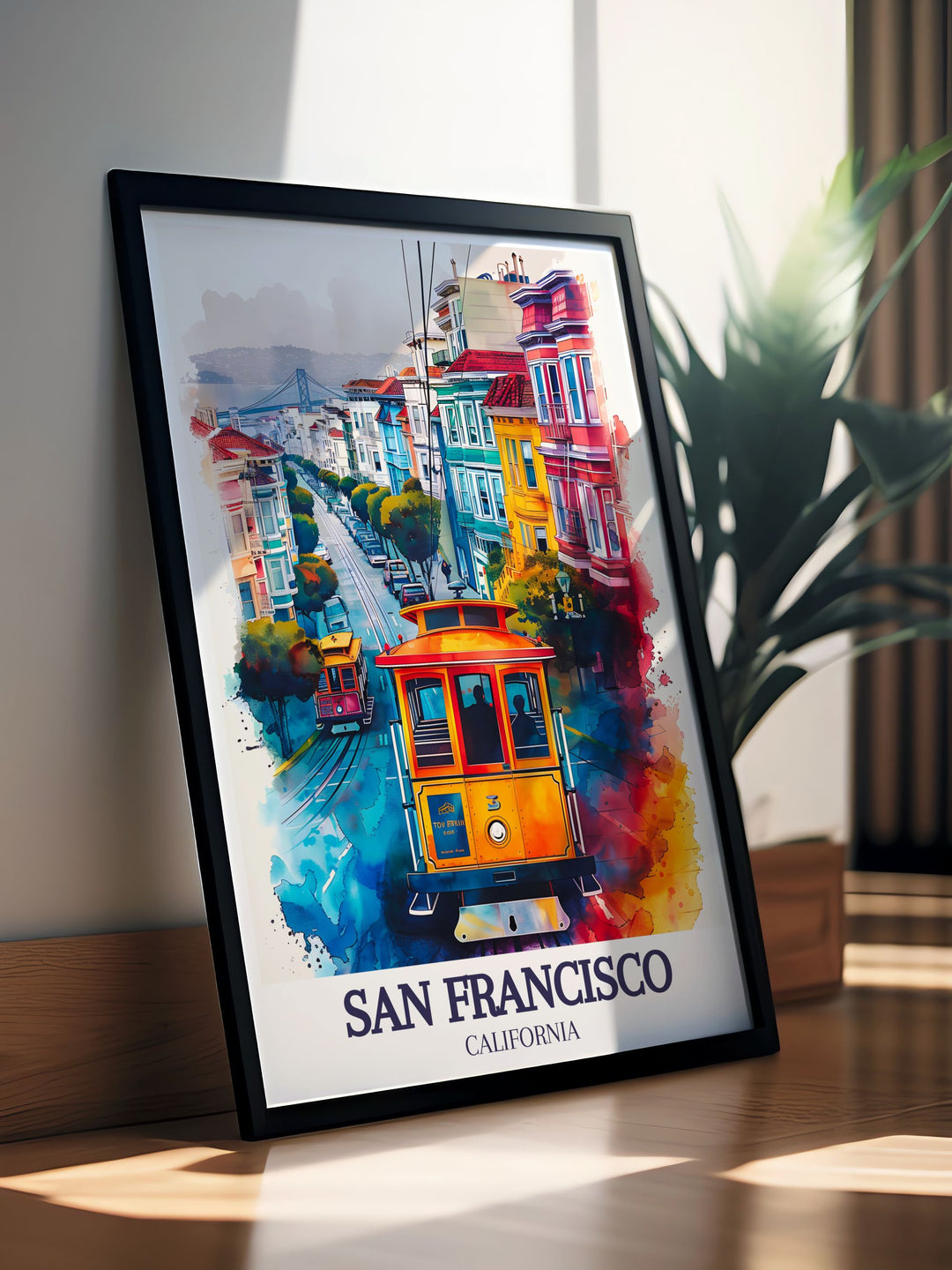 A detailed travel print featuring Taylor Street in San Francisco with the Golden Gate Bridge in the background, this piece brings a modern, elegant touch to any room, showcasing the best of the Bay Area.