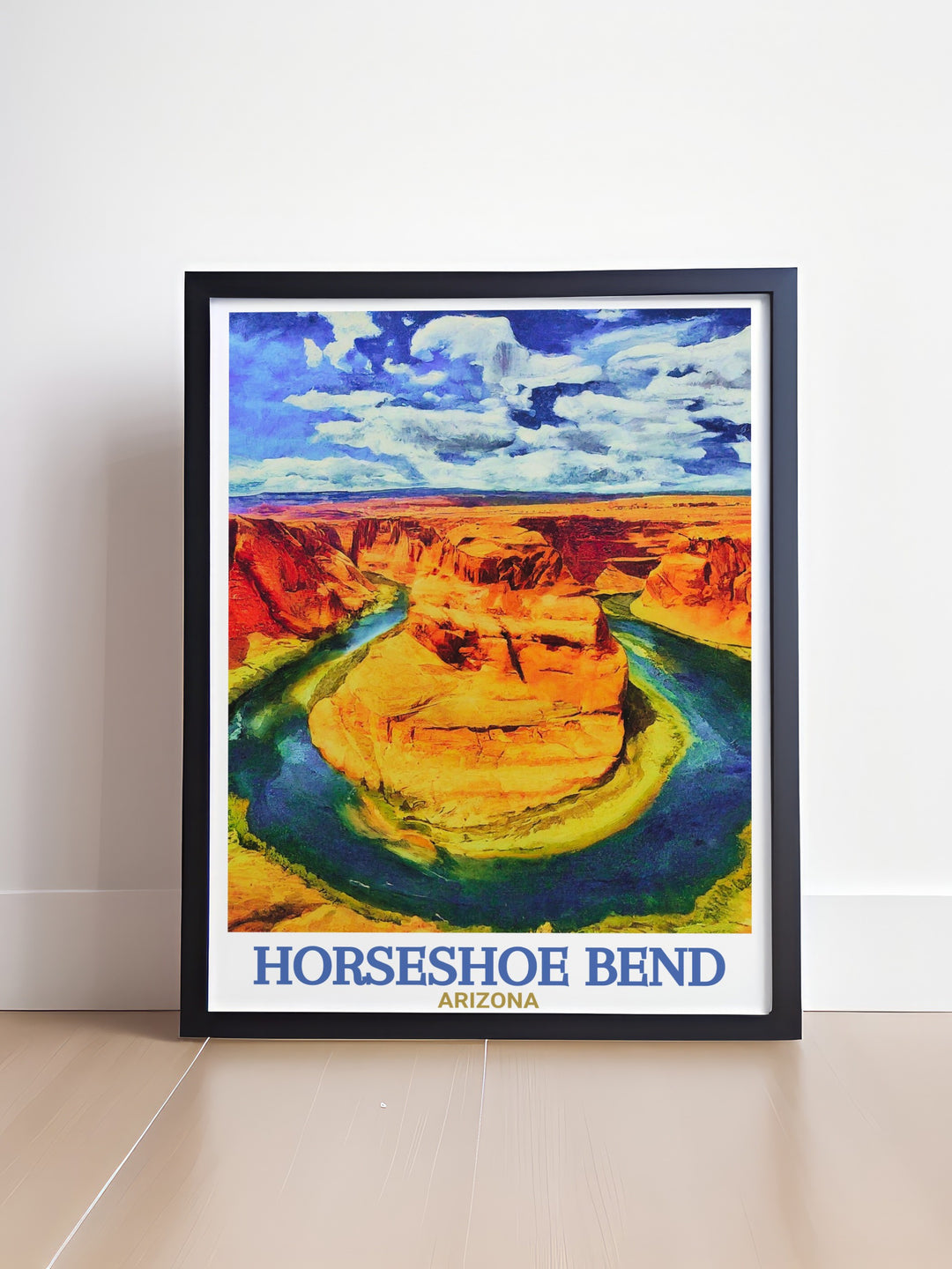 This Horseshoe Bend poster print features the iconic curve of the Colorado River in Arizona, capturing the stunning natural beauty of one of the USAs most visited National Park sites, perfect for Grand Canyon art lovers.